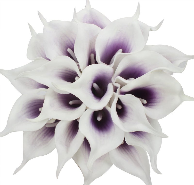 Duovlo 20pcs Calla Lily Bridal Wedding Bouquet Lataex Real Touch Artificial Flower Home Party Decor (Purple in White) - Image 1